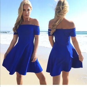 Blue off the shoulder high low dress